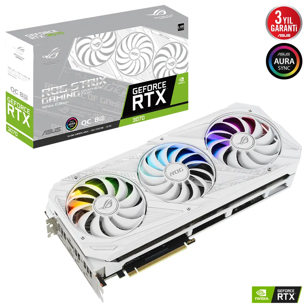 ASUS ROG Strix GeForce RTX 3070 V2 White OC ROG-STRIX-RTX3070-O8G-WHITE-V2 8GB GDDR6 256Bit DX12 Gaming (Oyuncu) Ekran Kartı