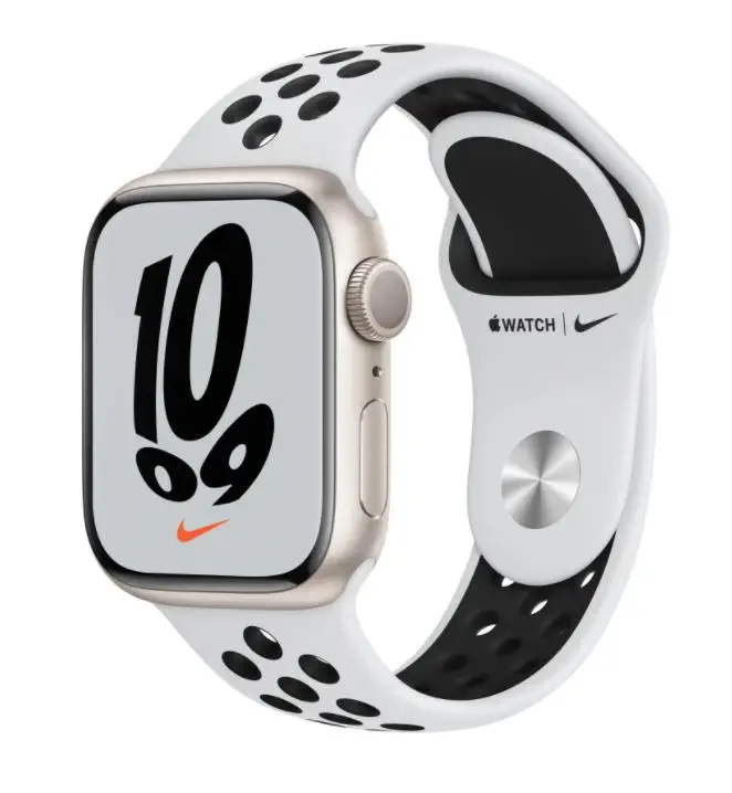 Apple Watch Nike Series 7 GPS, 41mm Yıldız Işığı Alüminyum Kasa ve Saf Platin/Siyah Nike Spor Kordon - MKN33TU/A