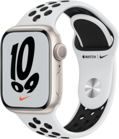 Apple Watch Nike Series 7 GPS, 41mm Yıldız Işığı Alüminyum Kasa ve Saf Platin/Siyah Nike Spor Kordon - MKN33TU/A