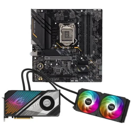 Asus ROG Strix LC Radeon RX 6900 XT ROG-STRIX-LC-RX6900XT-T16G-GAMING 16GB GDDR6 256Bit DX12 Ekran Kartı + Asus TUF Gaming B560M-E Intel B560 Soket 1200 DDR4 5000(OC)MHz mATX Anakart Bundle