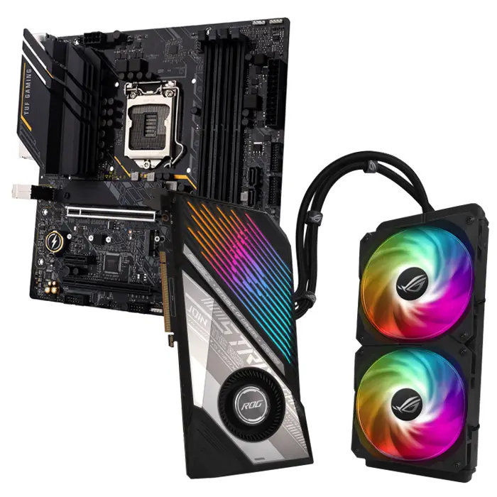 Asus ROG Strix LC Radeon RX 6900 XT ROG-STRIX-LC-RX6900XT-T16G-GAMING 16GB GDDR6 256Bit DX12 Ekran Kartı + Asus TUF Gaming B560M-E Intel B560 Soket 1200 DDR4 5000(OC)MHz mATX Anakart Bundle