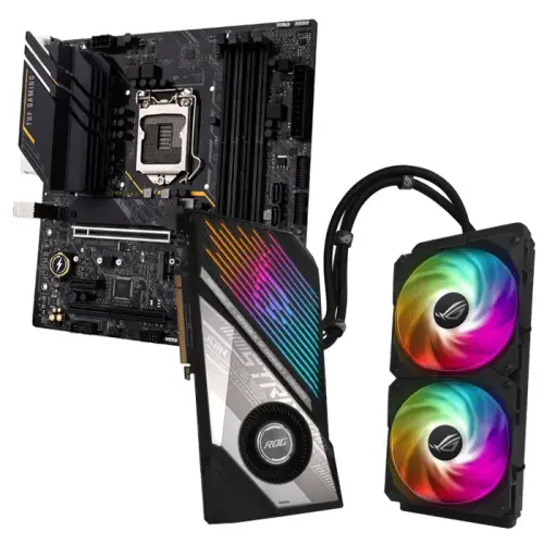 Asus ROG Strix LC Radeon RX 6900 XT ROG-STRIX-LC-RX6900XT-T16G-GAMING 16GB GDDR6 256Bit DX12 Ekran Kartı + Asus TUF Gaming B560M-E Intel B560 Soket 1200 DDR4 5000(OC)MHz mATX Anakart Bundle