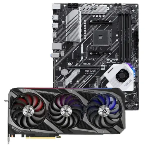 Asus ROG Strix GeForce RTX 3070 Ti OC ROG-STRIX-RTX3070TI-O8G-GAMING 8GB GDDR6X 256Bit DX12 Ekran Kartı + Asus Prime X570-P AMD X570 Soket AM4 DDR4 5100(OC)MHz ATX Anakart Bundle