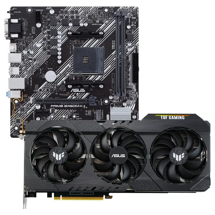 Asus TUF Gaming GeForce RTX 3060 Ti V2 OC TUF-RTX3060TI-O8G-V2-GAMING 8GB GDDR6 256Bit DX12 Ekran Kartı + Asus Prime B450M-K II AMD B450 Soket AM4 DDR4 4400(OC)MHz mATX Anakart Bundle