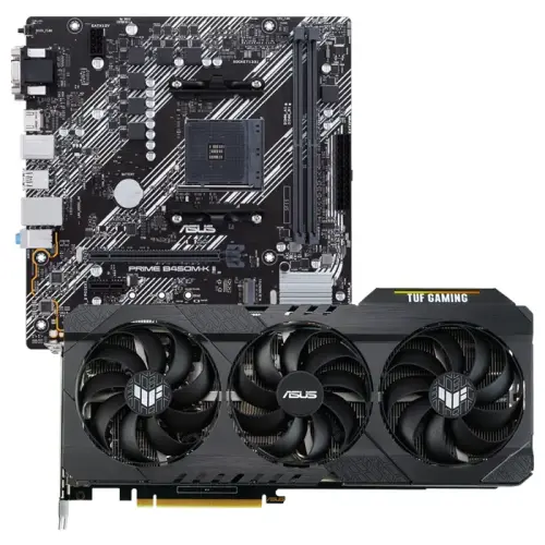 Asus TUF Gaming GeForce RTX 3060 Ti V2 OC TUF-RTX3060TI-O8G-V2-GAMING 8GB GDDR6 256Bit DX12 Ekran Kartı + Asus Prime B450M-K II AMD B450 Soket AM4 DDR4 4400(OC)MHz mATX Anakart Bundle