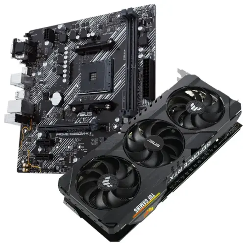 Asus TUF Gaming GeForce RTX 3060 Ti V2 OC TUF-RTX3060TI-O8G-V2-GAMING 8GB GDDR6 256Bit DX12 Ekran Kartı + Asus Prime B450M-K II AMD B450 Soket AM4 DDR4 4400(OC)MHz mATX Anakart Bundle