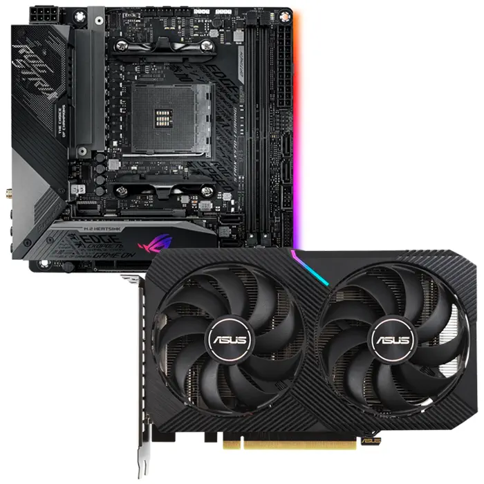 Asus Dual GeForce RTX 3060 Ti V2 MINI DUAL-RTX3060TI-8G-MINI-V2 8GB GDDR6 256Bit DX12 Ekran Kartı + Asus ROG Strix X570-I Gaming AMD X570 Soket AM4 DDR4 4800(OC)MHz Mini-ITX Anakart Bundle