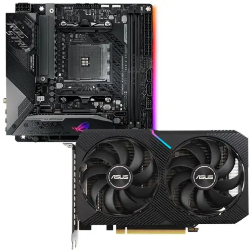 Asus Dual GeForce RTX 3060 Ti V2 MINI DUAL-RTX3060TI-8G-MINI-V2 8GB GDDR6 256Bit DX12 Ekran Kartı + Asus ROG Strix X570-I Gaming AMD X570 Soket AM4 DDR4 4800(OC)MHz Mini-ITX Anakart Bundle