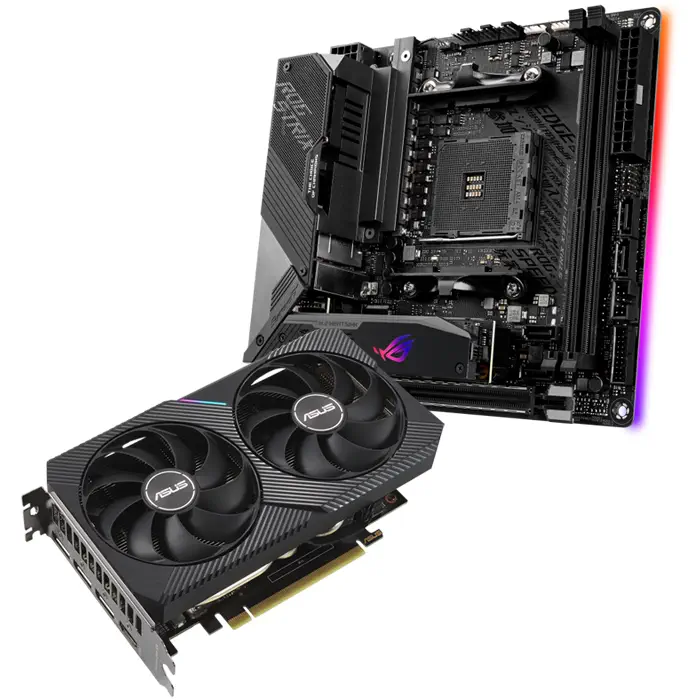 Asus Dual GeForce RTX 3060 Ti V2 MINI DUAL-RTX3060TI-8G-MINI-V2 8GB GDDR6 256Bit DX12 Ekran Kartı + Asus ROG Strix X570-I Gaming AMD X570 Soket AM4 DDR4 4800(OC)MHz Mini-ITX Anakart Bundle