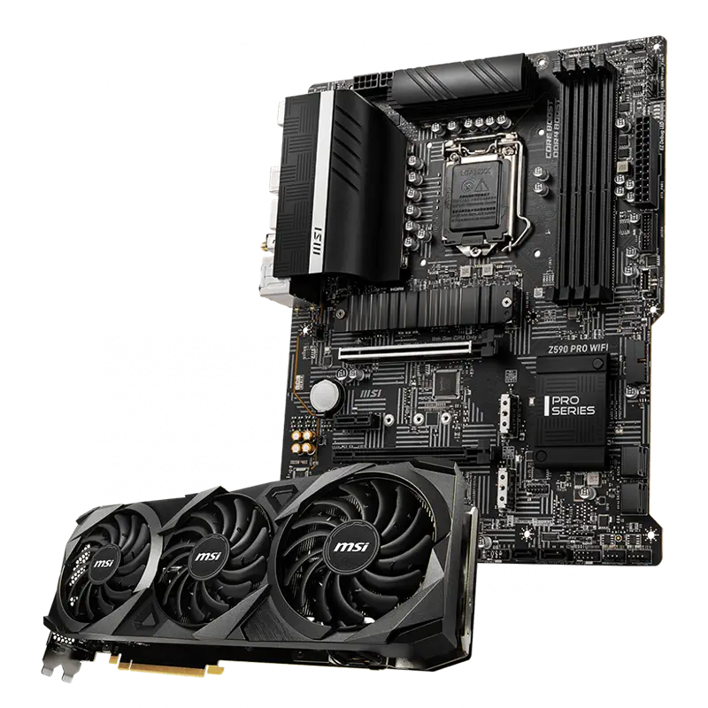MSI GeForce RTX 3080 Ti VENTUS 3X 12G 12GB GDDR6X 384Bit DX12 Ekran Kartı + MSI Z590 PRO WIFI Intel Z590 Soket 1200 DDR4 5333(OC)MHz ATX Anakart Bundle