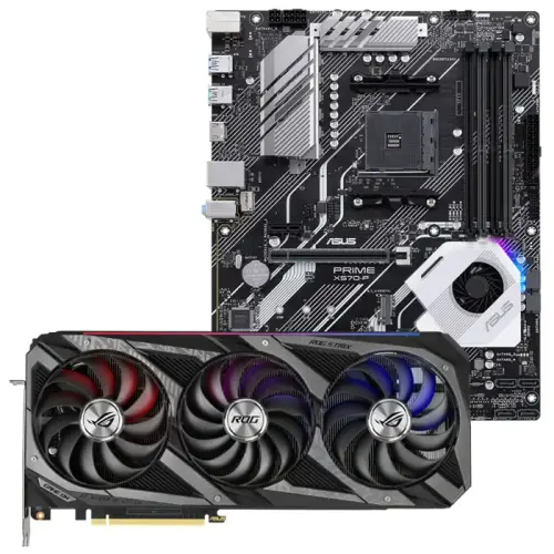 Asus ROG Strix GeForce RTX 3070 V2 OC ROG-STRIX-RTX3070-O8G-V2-GAMING 8GB GDDR6 256Bit DX12 Ekran Kartı + Asus Prime X570-P AMD X570 Soket AM4 DDR4 5100(OC)MHz ATX Anakart Bundle