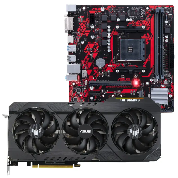 Asus TUF Gaming GeForce RTX 3060 Ti V2 OC TUF-RTX3060TI-O8G-V2-GAMING 8GB GDDR6 256Bit DX12 Ekran Kartı + Asus B450M-DRAGON AMD B450 Soket AM4 DDR4 4400(OC)MHz mATX Anakart Bundle