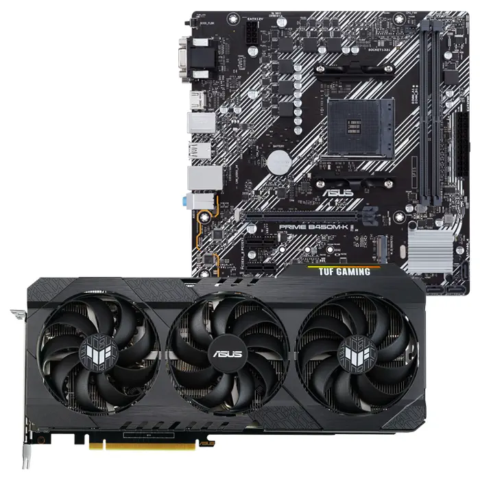 Asus TUF Gaming GeForce RTX 3060 V2 OC TUF-RTX3060-O12G-V2-GAMING 12GB GDDR6 192Bit DX12 Ekran Kartı + Asus Prime B450M-K II AMD B450 Soket AM4 DDR4 4400(OC)MHz mATX Anakart Bundle