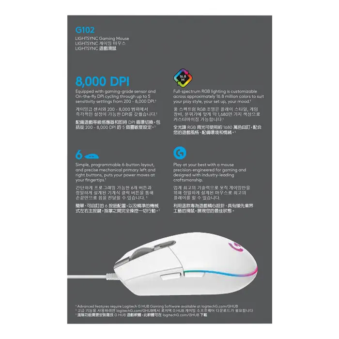 Logitech G102 LightSync White 910-005824 8000DPI 6 Tuş Optik RGB Beyaz Kablolu Gaming (Oyuncu) Mouse
