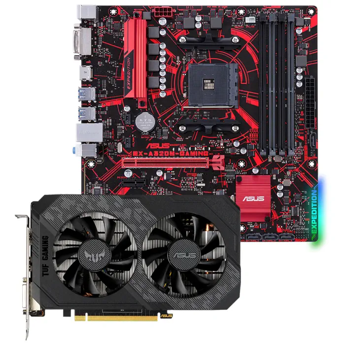 Asus TUF Gaming GeForce GTX 1650 OC TUF-GTX1650-O4GD6-P-GAMING 4GB GDDR6 128Bit DX12 Ekran Kartı + Asus EX-A320M-Gaming AMD A320 Soket AM4 DDR4 3200(OC)MHz mATX Anakart Bundle