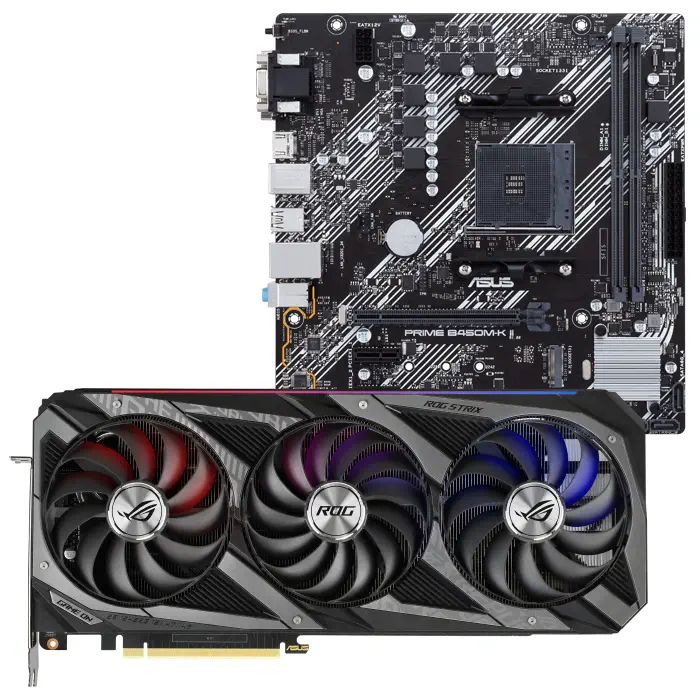 Asus ROG Strix GeForce RTX 3080 OC ROG-STRIX-RTX3080-O12G-GAMING 12GB GDDR6X 384Bit Ekran Kartı + Asus Prime B450M-K II AMD B450 Soket AM4 DDR4 4400(OC)MHz mATX Anakart Bundle