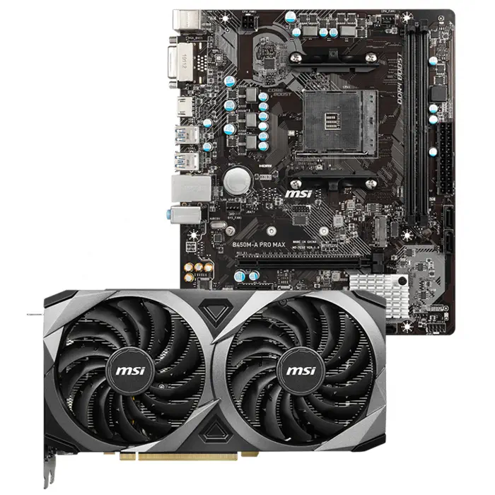 MSI GeForce RTX 3070 Ventus 2X 8G OC LHR 8GB GDDR6 256Bit DX12 Ekran Kartı + MSI B450M-A PRO MAX AMD B450 Soket AM4 DDR4 4133(OC)MHz mATX Anakart Bundle