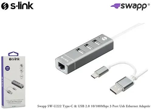 S-Link Swapp SW-U222 Type-C USB 2.0 3 Port USB Ethernet Adaptör