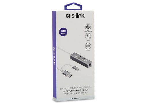 S-Link Swapp SW-U222 Type-C USB 2.0 3 Port USB Ethernet Adaptör