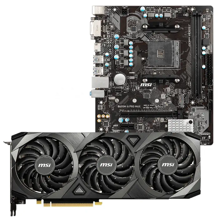 MSI GeForce RTX 3090 Ventus 3X 24G OC 24GB GDDR6X 384Bit DX12 Ekran Kartı + MSI B450M-A PRO MAX AMD B450 Soket AM4 DDR4 4133(OC)MHz mATX Anakart Bundle