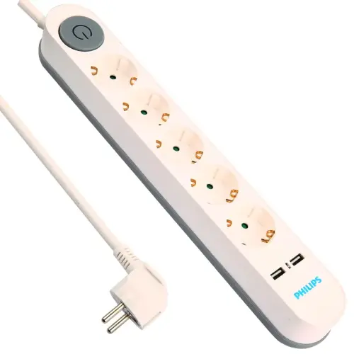 Philips SPS1153A/51 5`li 2 USB Anahtarlı Akım Korumalı Priz