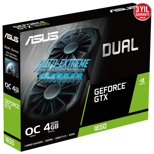 Asus Dual GeForce GTX 1650 OC DUAL-GTX1650-O4GD6-P 4GB GDDR6 128Bit DX12 Gaming (Oyuncu) Ekran Kartı