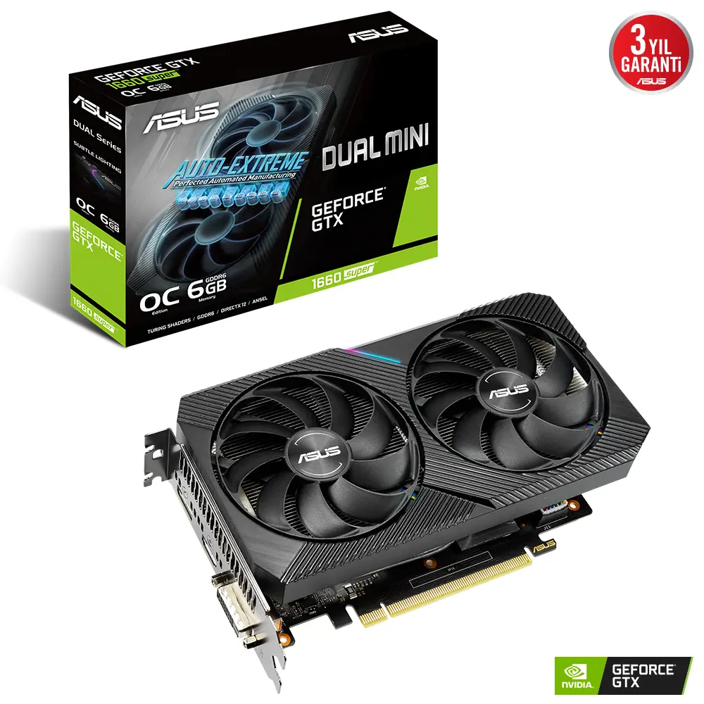 Asus Dual GeForce GTX 1660 Super Mini OC DUAL-GTX1660S-O6G-MINI 6GB GDDR6 192Bit DX12 Gaming (Oyuıncu) Ekran Kartı