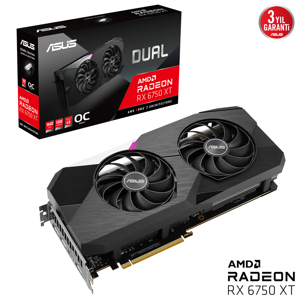 ASUS Dual Radeon RX 6750 XT OC DUAL-RX6750XT-O12G 12GB GDDR6 192Bit DX12 Gaming (Oyuncu) Ekran Kartı