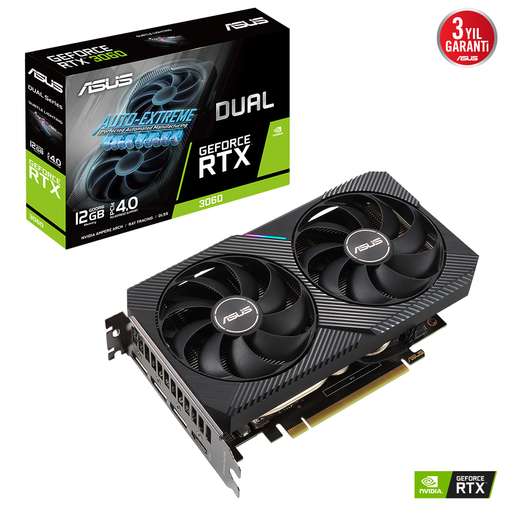 ASUS Dual GeForce RTX 3060 V2 DUAL-RTX3060-12G-V2 12GB GDDR6 192Bit DX12 Gaming (Oyuncu) Ekran Kartı