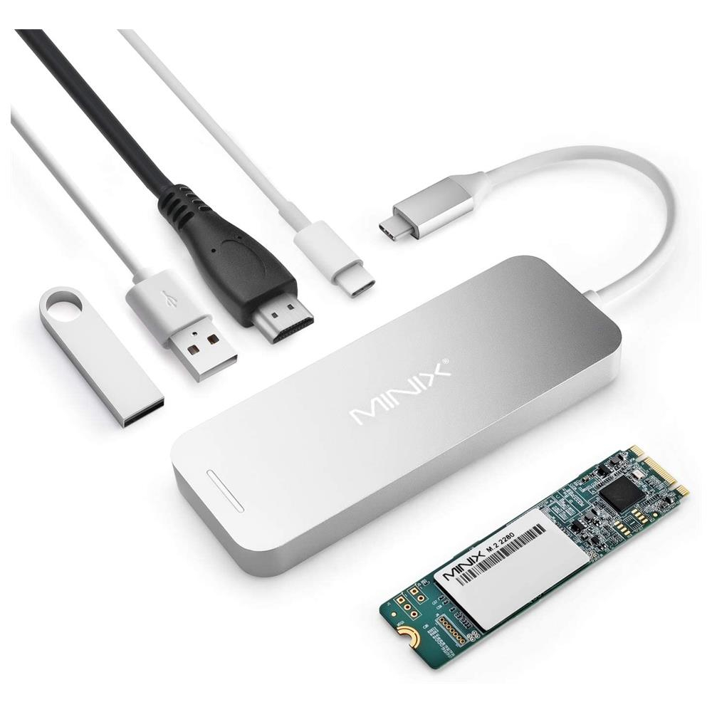 MINIX NEO Depolama, 240 GB Alüminyum USB-C Çok Portlu SSD Depolama Göbeği, HDMI ile Dahili M.2 SSD Depolama [4K @ 30Hz], 2 x USB 3.0 ve USB-C Güç Teslimatı için, Apple MacBook ile Uyumlu. Gümüş