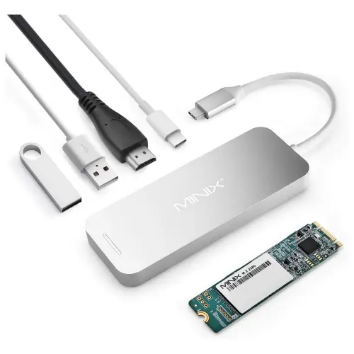 MINIX NEO Depolama, 240 GB Alüminyum USB-C Çok Portlu SSD Depolama Göbeği, HDMI ile Dahili M.2 SSD Depolama [4K @ 30Hz], 2 x USB 3.0 ve USB-C Güç Teslimatı için, Apple MacBook ile Uyumlu. Gümüş