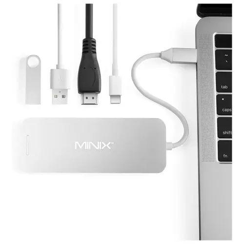 MINIX NEO Depolama, 240 GB Alüminyum USB-C Çok Portlu SSD Depolama Göbeği, HDMI ile Dahili M.2 SSD Depolama [4K @ 30Hz], 2 x USB 3.0 ve USB-C Güç Teslimatı için, Apple MacBook ile Uyumlu. Gümüş