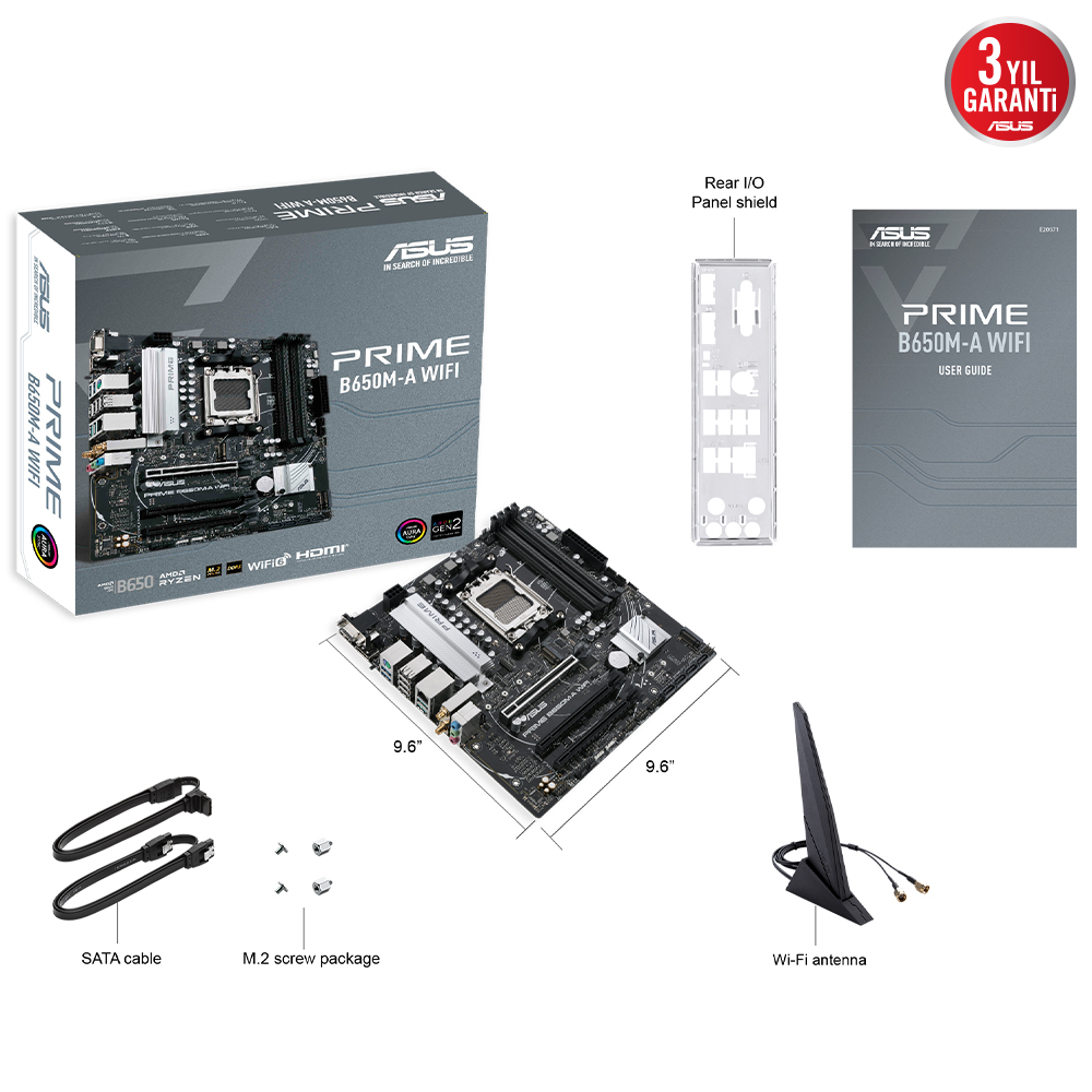 ASUS Prime B650M-A WIFI AMD B650 Soket AM5 DDR5 6400(OC)MHz mATX Gaming (Oyuncu) Anakart