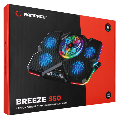 Rampage Breeze S50 Telefon Tutuculu 5xFan RGB Yükseklik Ayarlı LCD Göstergeli 15-17″ Notebook Soğutucu