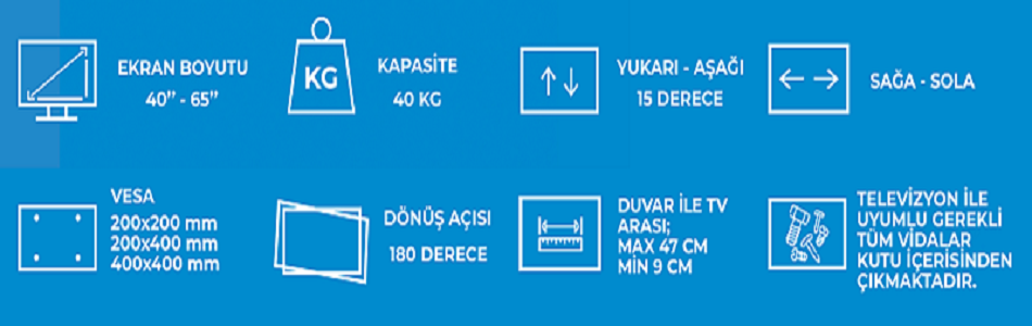 İH-32/65 32″-65″ Arası Uyumlu Çift Kollu Hareketli Askı Aparatı Mini Su Terazisi Hediyeli