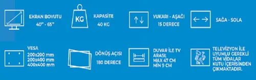 İH-32/65 32″-65″ Arası Uyumlu Çift Kollu Hareketli Askı Aparatı Mini Su Terazisi Hediyeli