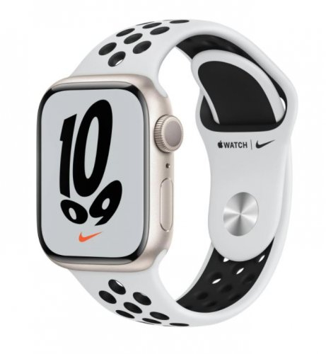 Apple Watch Nike Series 7 GPS, 45mm Yıldız Işığı Alüminyum Kasa ve Saf Platin/Siyah Nike Spor Kordon - MKNA3TU/A