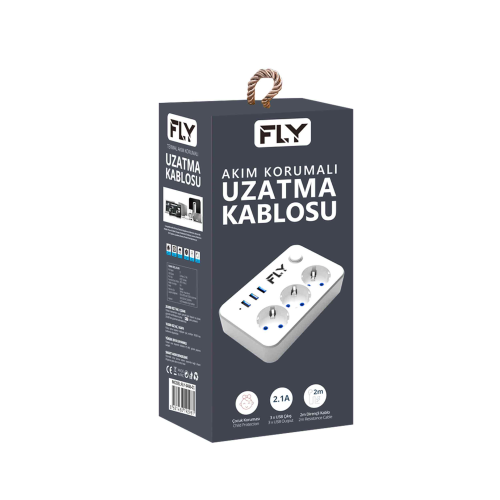 FLY 3406-01 3xUSB 3`lü  2 Metre Kablolu 2.1A Termal Akım Korumalı Priz