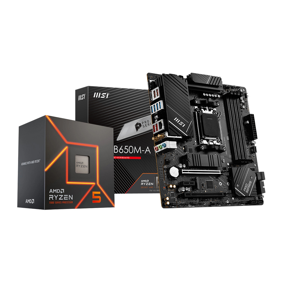 AMD Ryzen 5 7600 3.80GHz 6 Çekirdek 38MB Önbellek Soket AM5 İşlemci + MSI PRO B650M-A WIFI AMD B650 Soket AM5 DDR5 6400(OC)MHz mATX Gaming (Oyuncu) Anakart Bundle