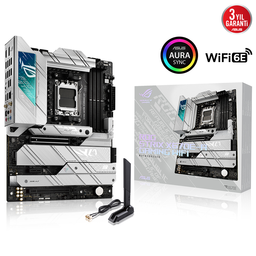 AMD Ryzen 9 7900X 4.70GHz 12 Çekirdek 76MB Önbellek Soket AM5 İşlemci + Asus ROG Strix X670E-A Gaming WIFI AMD X670 Soket AM5 DDR5 6400(OC)MHz ATX Gaming (Oyuncu) Anakart Bundle