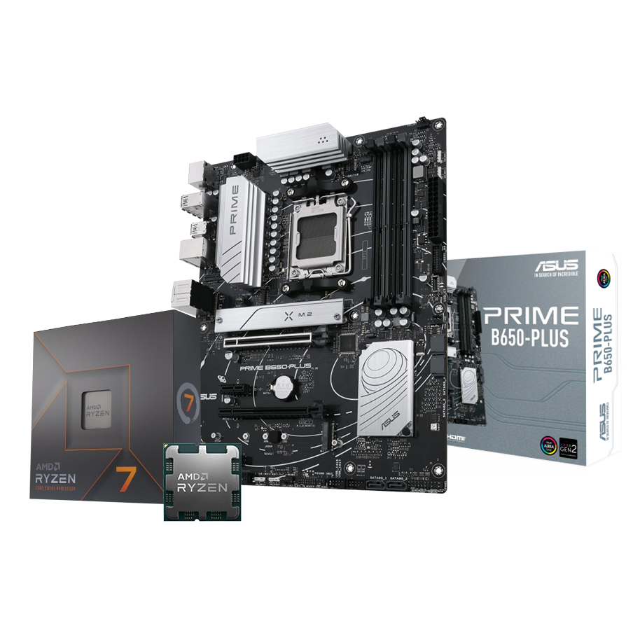 AMD Ryzen 7 7700X 4.70GHz 8 Çekirdek 40MB Önbellek Soket AM5 İşlemci + Asus Prime B650-Plus AMD B650 Soket AM5 DDR5 6400(OC)MHz ATX Gaming (Oyuncu) Anakart Bundle