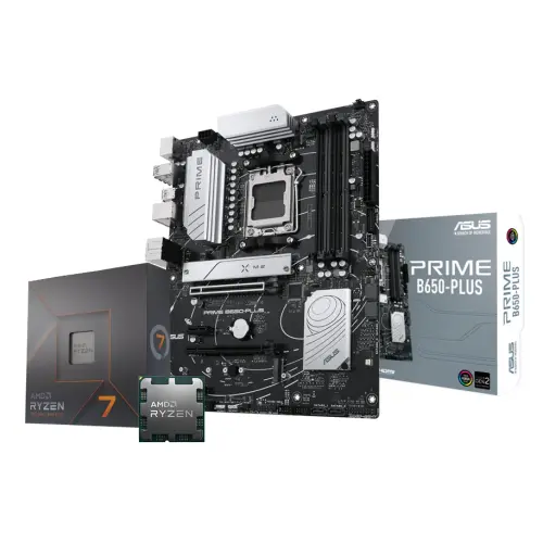 AMD Ryzen 7 7700X 4.70GHz 8 Çekirdek 40MB Önbellek Soket AM5 İşlemci + Asus Prime B650-Plus AMD B650 Soket AM5 DDR5 6400(OC)MHz ATX Gaming (Oyuncu) Anakart Bundle