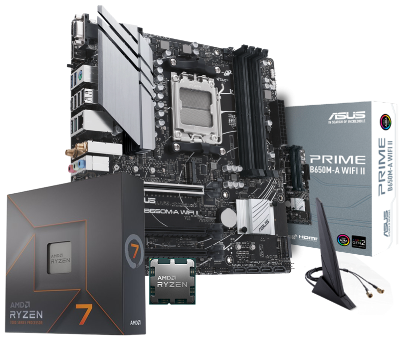 AMD Ryzen 7 7700X 4.70GHz 8 Çekirdek 40MB Önbellek Soket AM5 İşlemci + Asus Prime B650M-A WIFI II AMD B650 Soket AM5 DDR5 6400(OC)MHz mATX Gaming (Oyuncu) Anakart Bundle