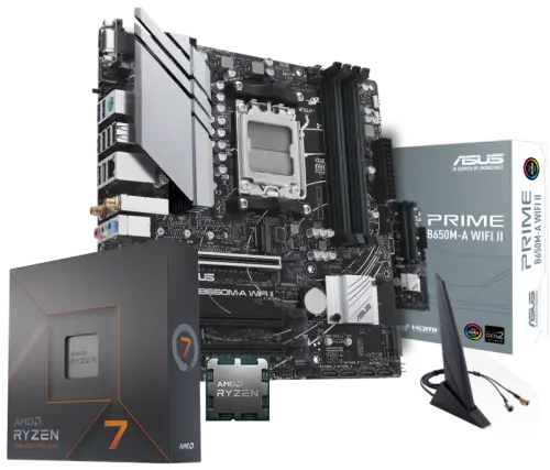 AMD Ryzen 7 7700X 4.70GHz 8 Çekirdek 40MB Önbellek Soket AM5 İşlemci + Asus Prime B650M-A WIFI II AMD B650 Soket AM5 DDR5 6400(OC)MHz mATX Gaming (Oyuncu) Anakart Bundle