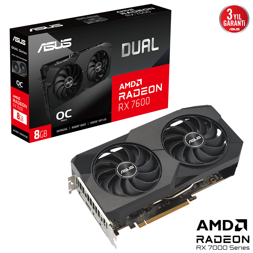 ASUS Dual Radeon RX 7600 OC DUAL-RX7600-O8G GDDR6 128Bit DX12 Gaming (Oyuncu) Ekran Kartı