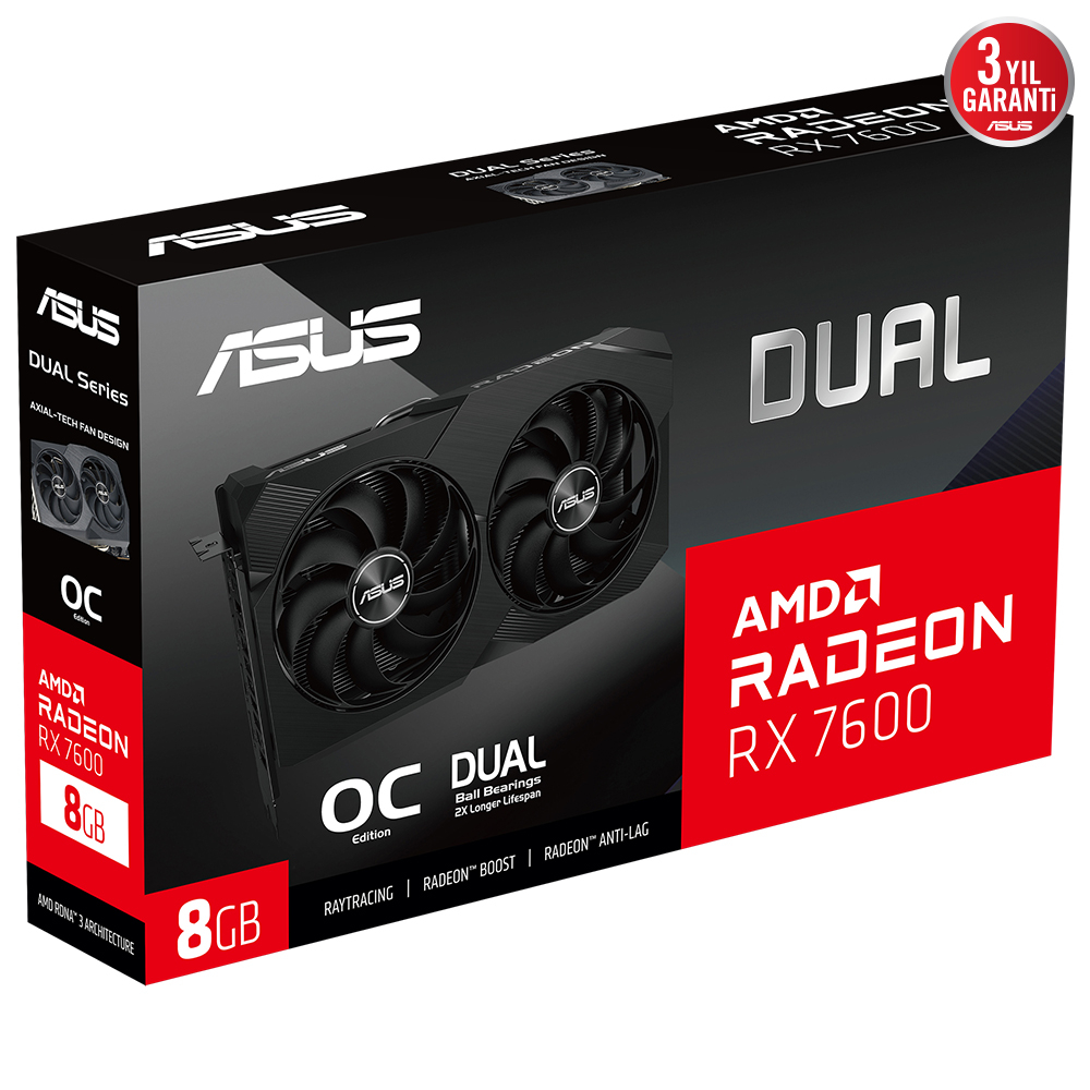 ASUS Dual Radeon RX 7600 OC V2 DUAL-RX7600-O8G-V2 GDDR6 128Bit DX12 Gaming (Oyuncu) Ekran Kartı 