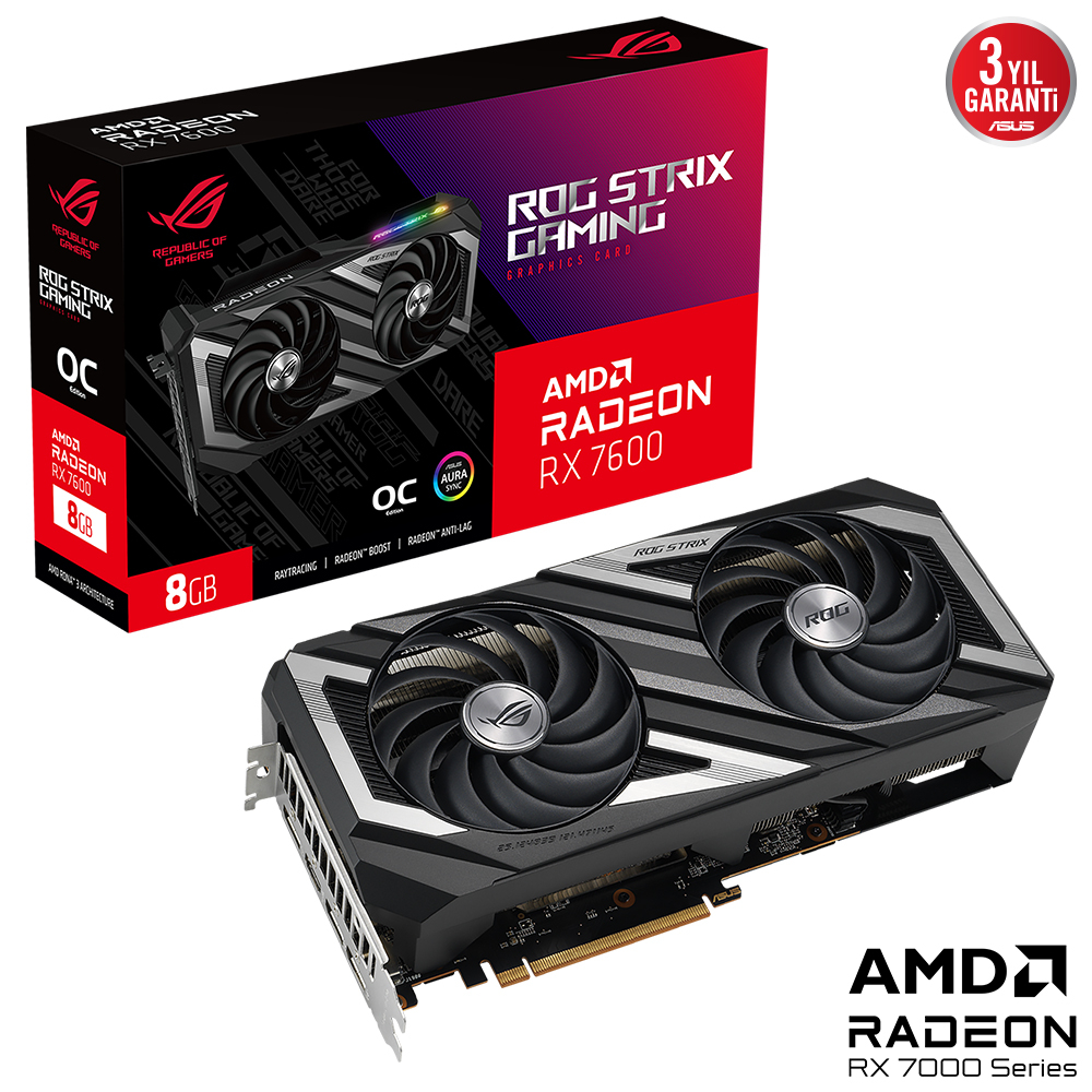 ASUS ROG STRIX Radeon RX 7600 OC ROG-STRIX-RX7600-O8G-GAMING GDDR6 128Bit DX12 Gaming (Oyuncu) Ekran Kartı
