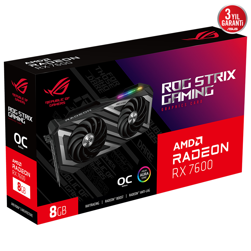ASUS ROG STRIX Radeon RX 7600 OC ROG-STRIX-RX7600-O8G-GAMING GDDR6 128Bit DX12 Gaming (Oyuncu) Ekran Kartı