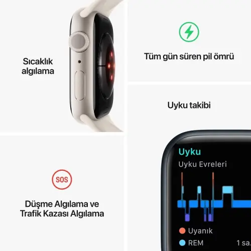 Apple Watch Series 8 GPS 41mm Gümüş Rengi Alüminyum Kasa Beyaz Spor Kordon - MP6K3TU/A