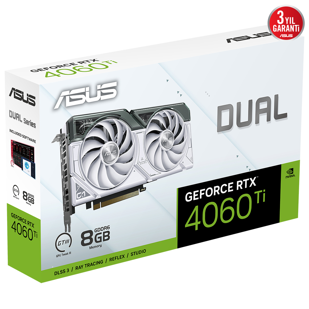 ASUS Dual GeForce RTX 4060 TI WHITE OC DUAL-RTX4060TI-O8G-WHITE 8GB GDDR6 128Bit DX12 DLSS 3 Gaming (Oyuncu) Ekran Kartı